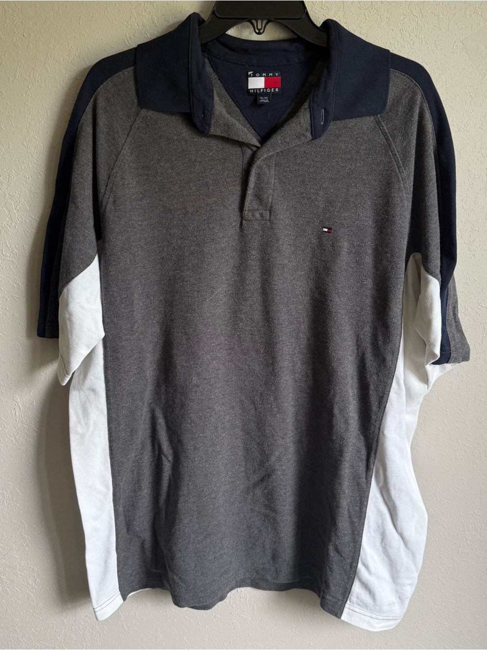 Tommy Hilfiger Men’s Gray Polo with Navy Collar and White Side Panels